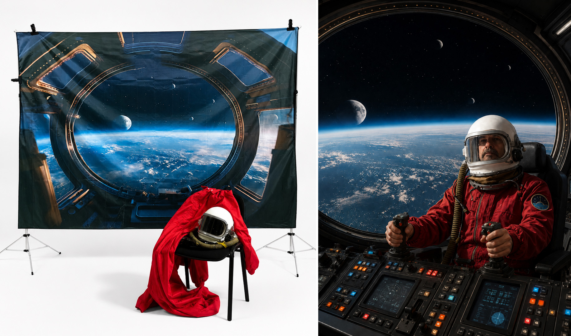 alquiler de fondos con decoracion espacial y vestuario y atrezo de astronauta para rodajes, sesiones de fotos, videoclips, alquiler de traje espacial, casco de astronauta
